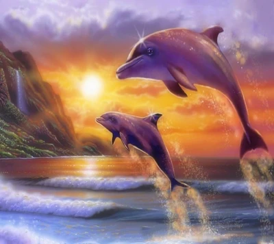 Delfines saltando al atardecer sobre el océano