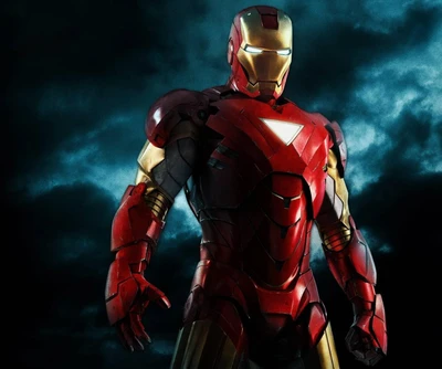 Iron Man: Iconic Hero in a Dynamic Pose Against a Dark, Stormy Background