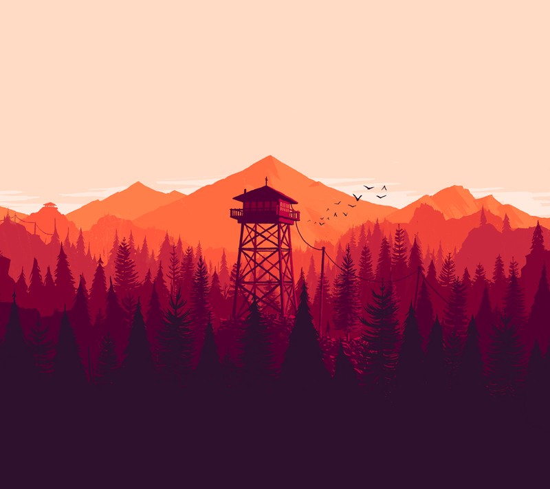 Красный и оранжевый закат с башней посреди леса (пожарная охрана, firewatch, пейзаж, оранжевый)