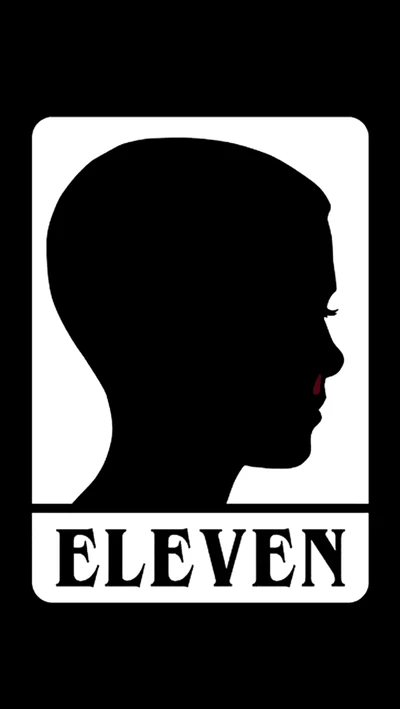 Silhouette of Eleven from Stranger Things with a red mark on her face against a black background.