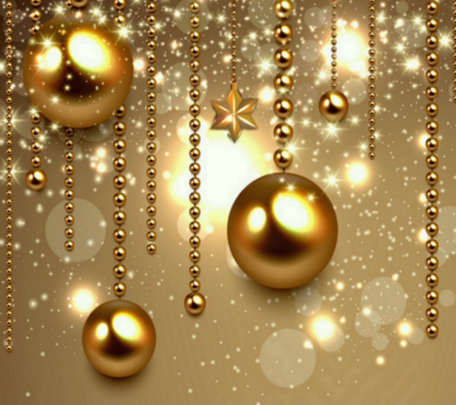 Bolas de navidad doradas y estrellas colgando de un hilo (decoración navideña, gold bauble, feliz navidad, navidad)