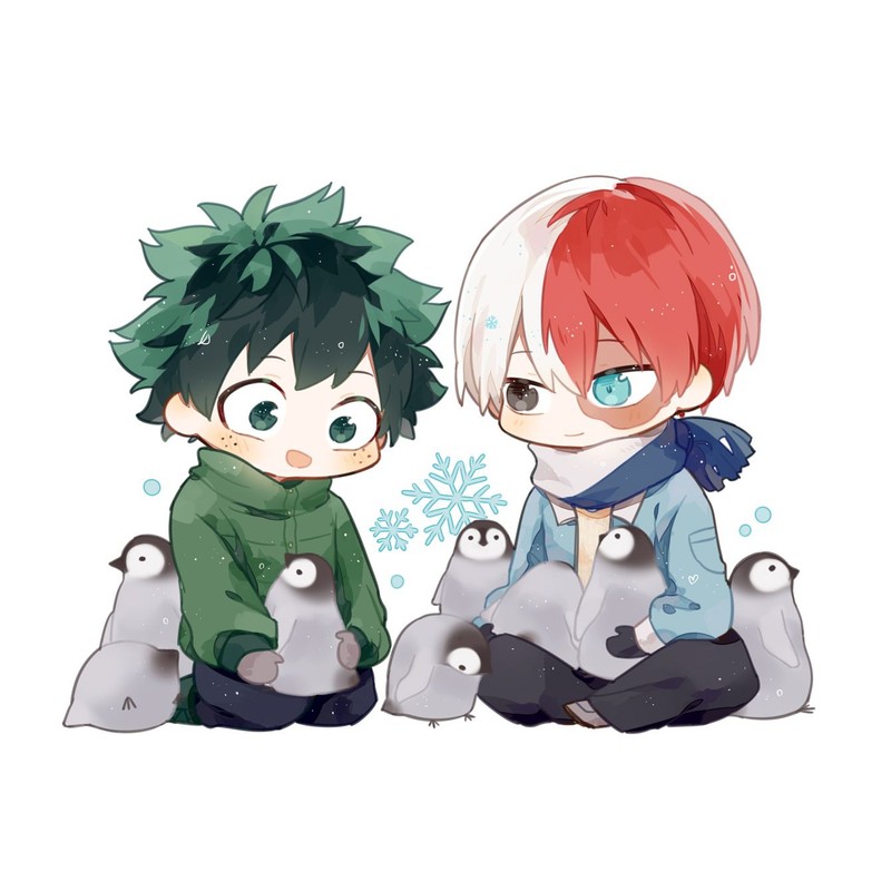 Аниме мальчик и девочка сидят на земле с пингвинами (my hero academia, toderoki and deku)