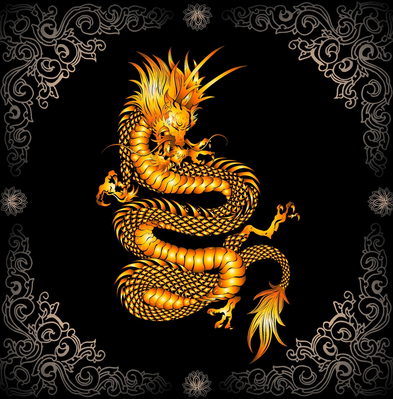 A golden dragon on a black background with a gold frame (dragon, golden dragon)