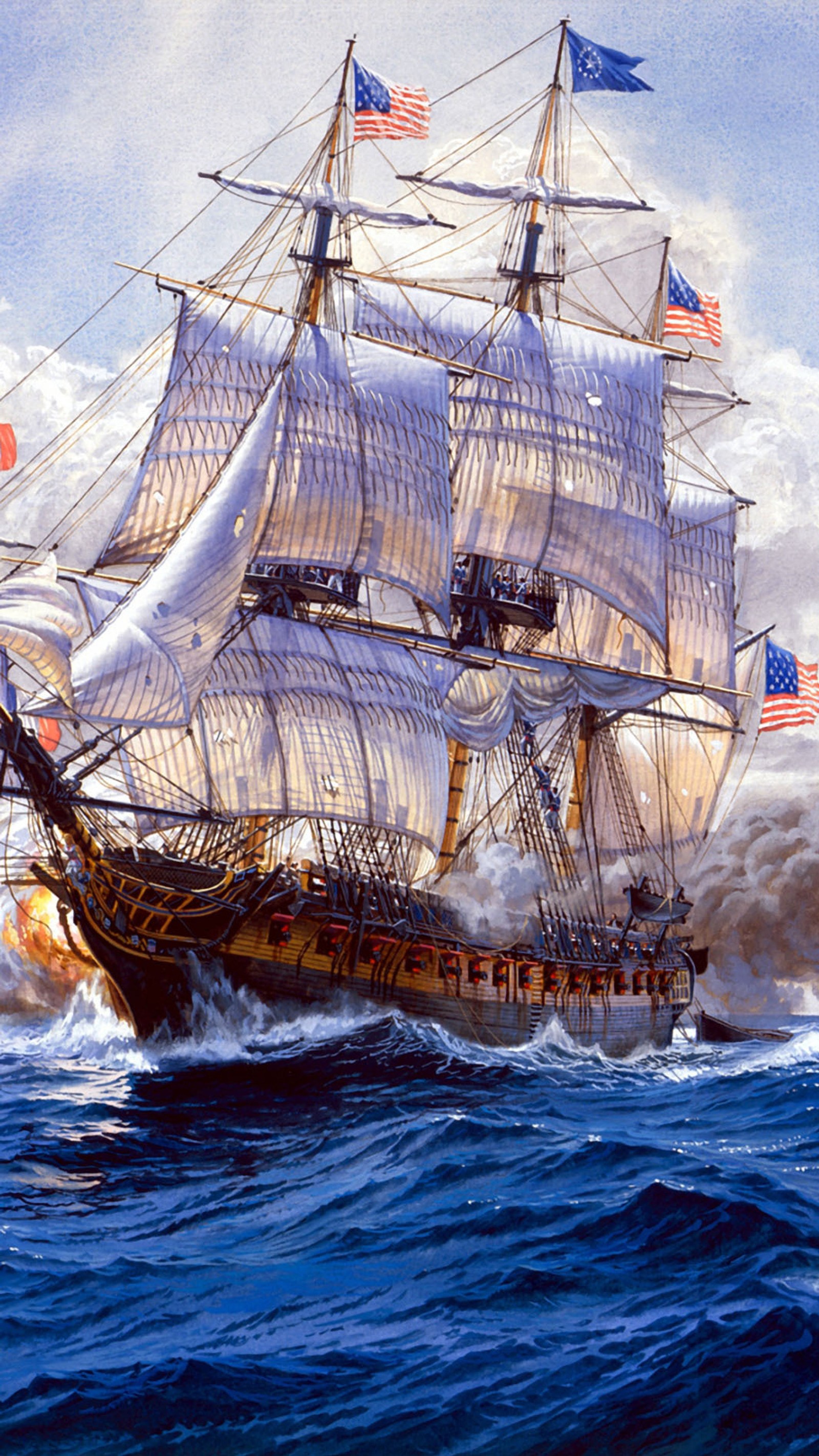 Painting of a tall ship in the ocean with a lot of smoke coming out of it (navy, old american navy, ship of the line)