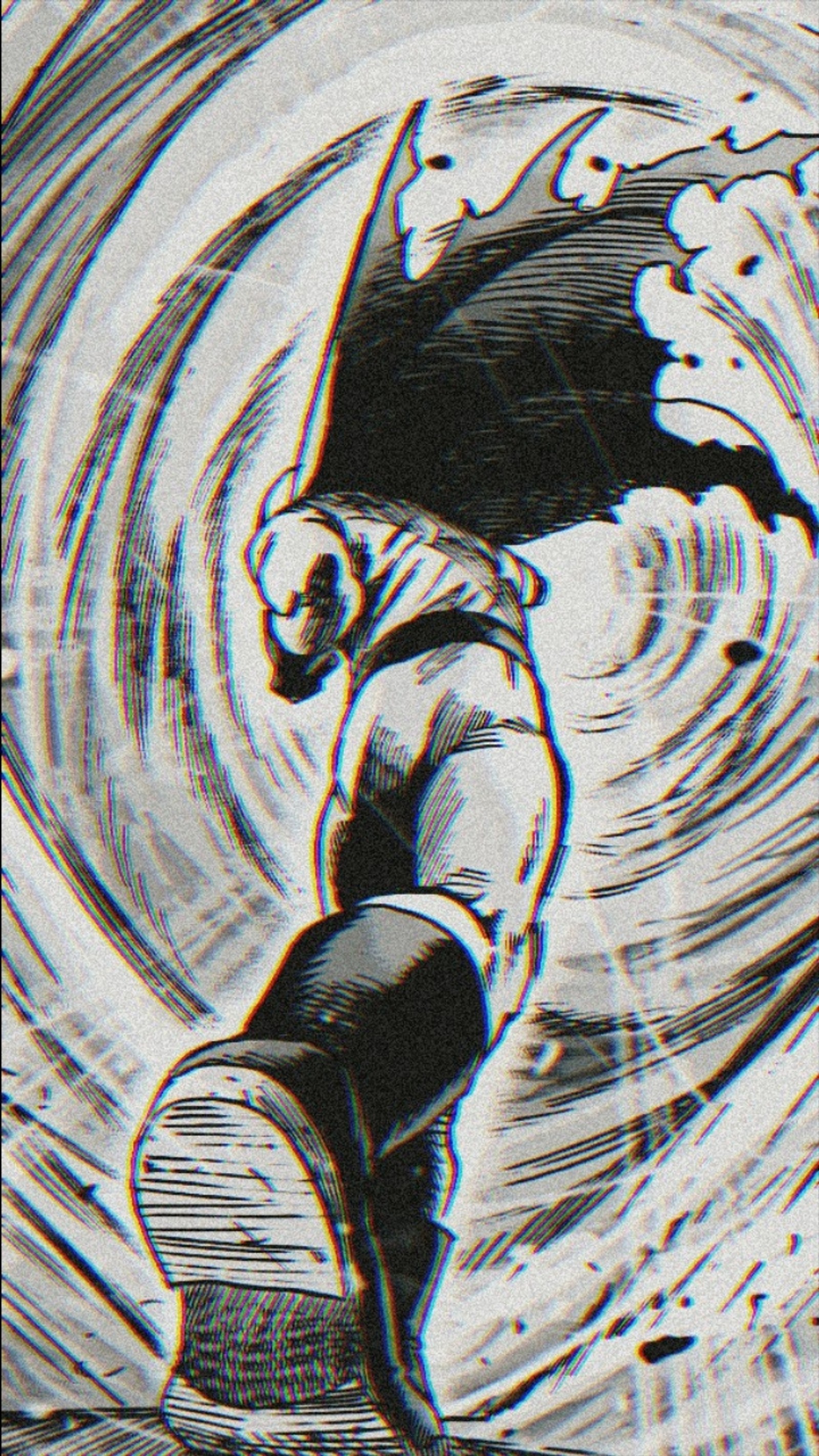 There is a black and white photo of a person riding a surfboard (manga, onepunchman, saitama)