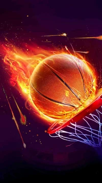 Fiery Basketball Dunk Against a Cosmic Background