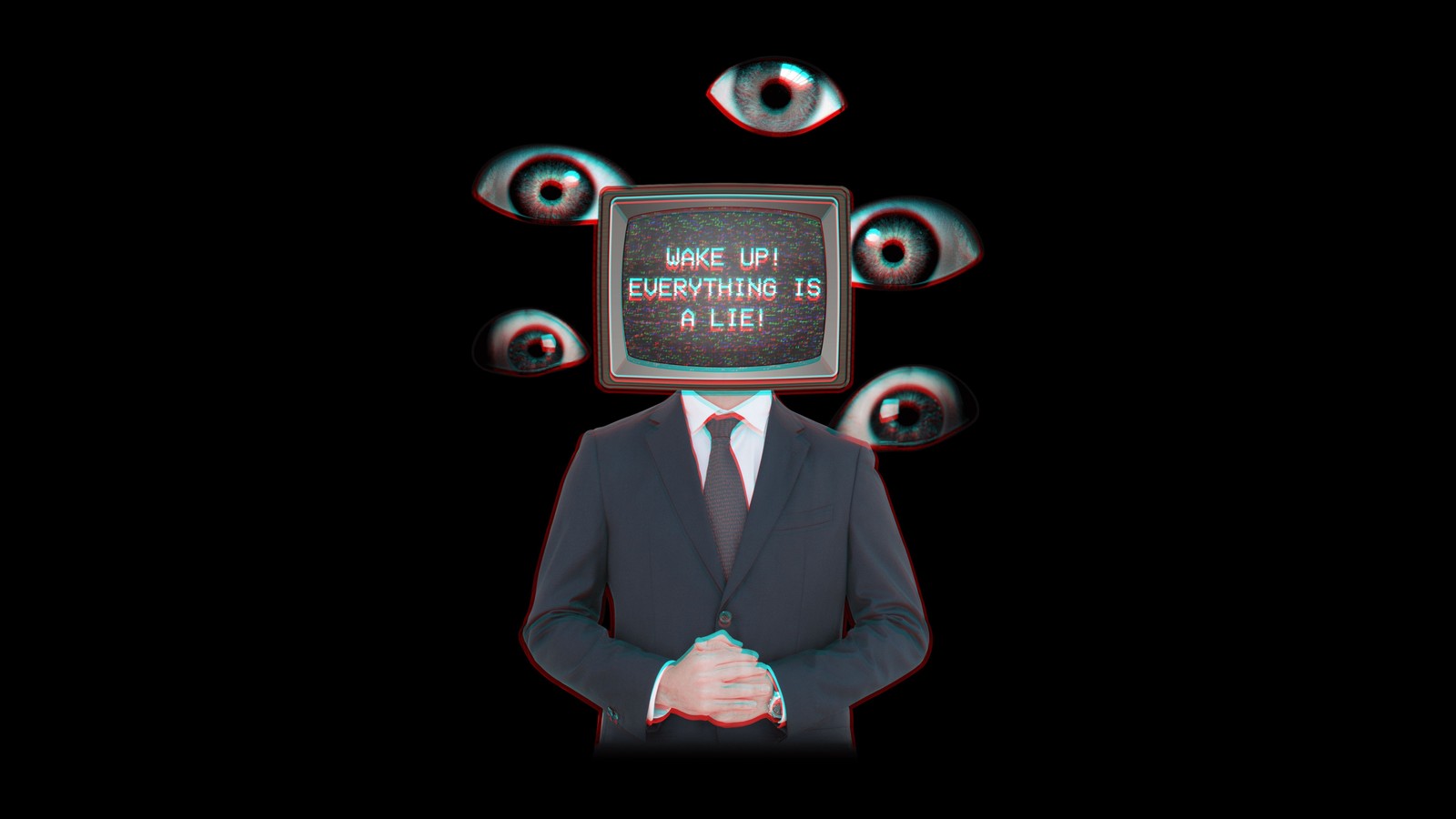 There is a man in a suit and tie with a television on his head (weirdcore, eyes, black background, 5k, amoled)