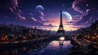 paris, stadt, nacht, landschaft, digitale kunst