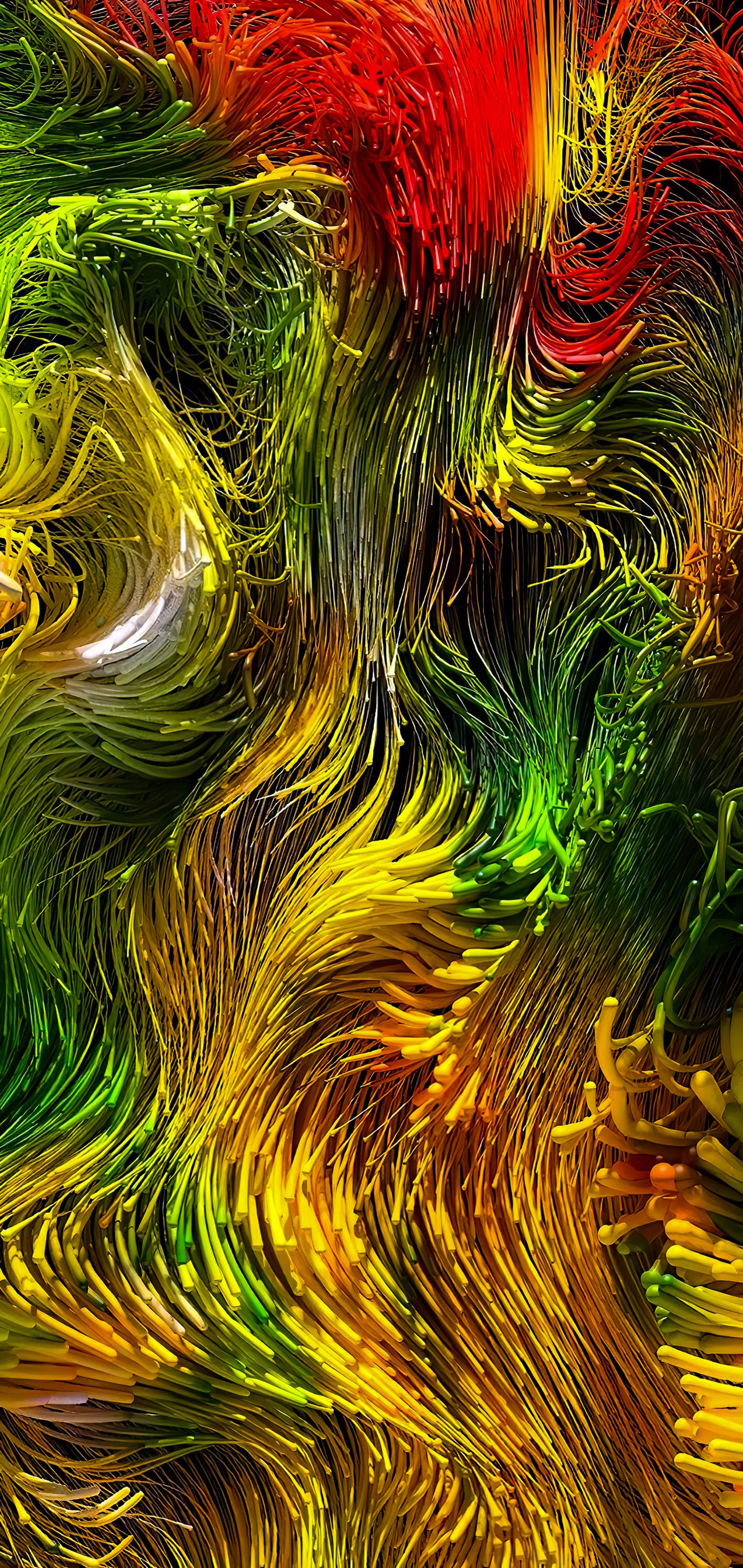 A close up of a colorful painting of a wave of paint (grass, fractal art, art paint, natural material, art)