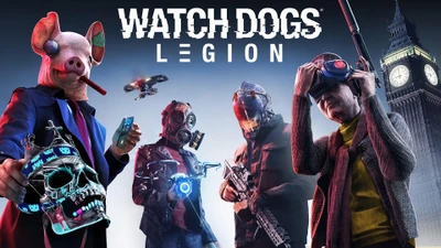 Personagens diversos com máscaras de Watch Dogs: Legion contra o horizonte de Londres