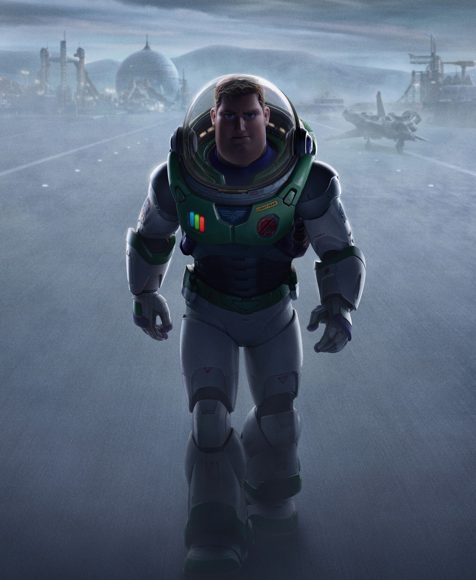 There is a man in a space suit walking on a street (lightyear, toy story, pixar, animation, buzz lightyear)