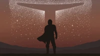 A lone figure in a cape stands against a cosmic backdrop, with shimmering stars forming a mysterious shape above, evoking the essence of "The Mandalorian.