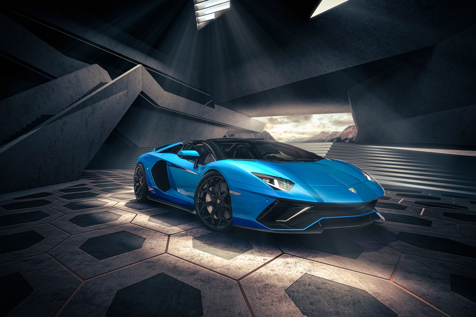 Un coche deportivo azul estacionado en una habitación oscura con escaleras (lamborghini aventador lp 780 4 ultimae roadster, supercoches, 2021, 5k, coches)