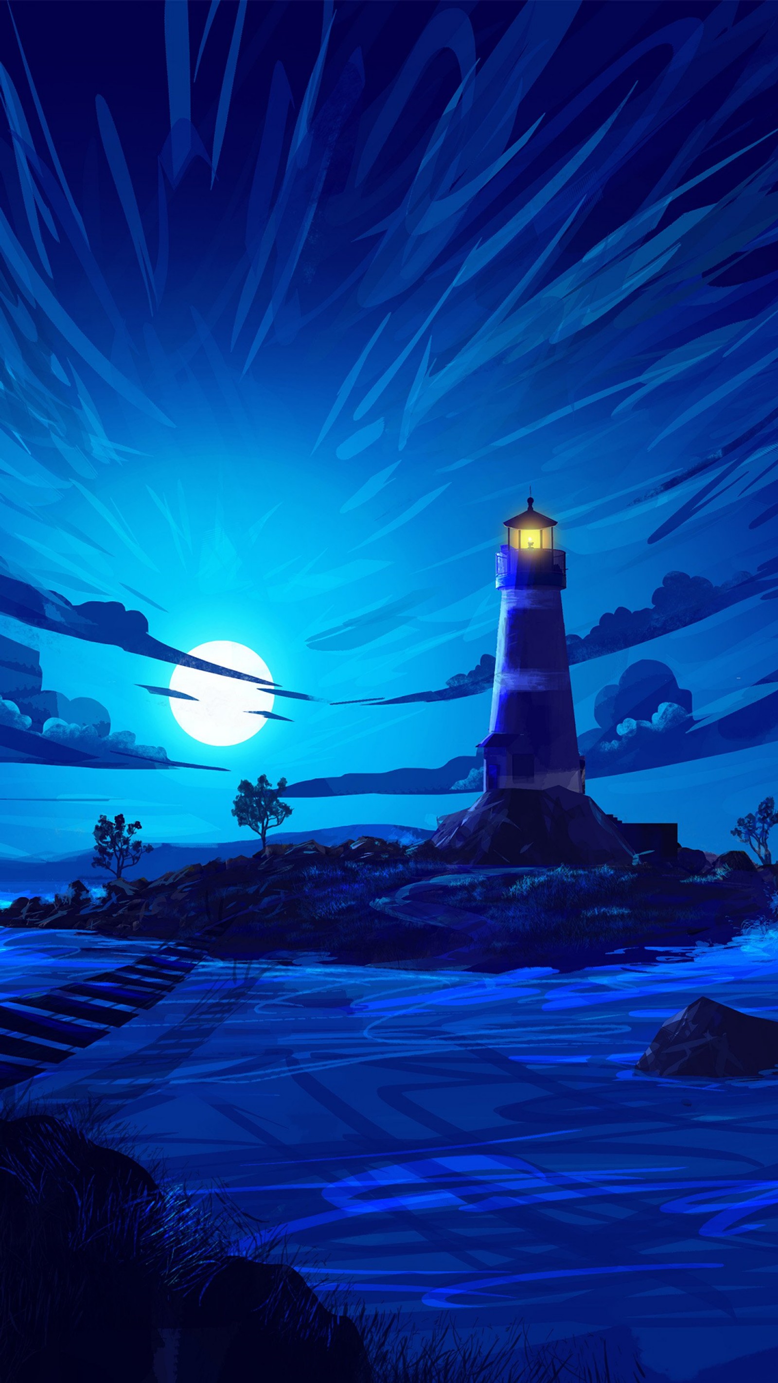 Illustration d'un phare sur une petite île la nuit (android, bleu, tour, balise, bleu électrique)