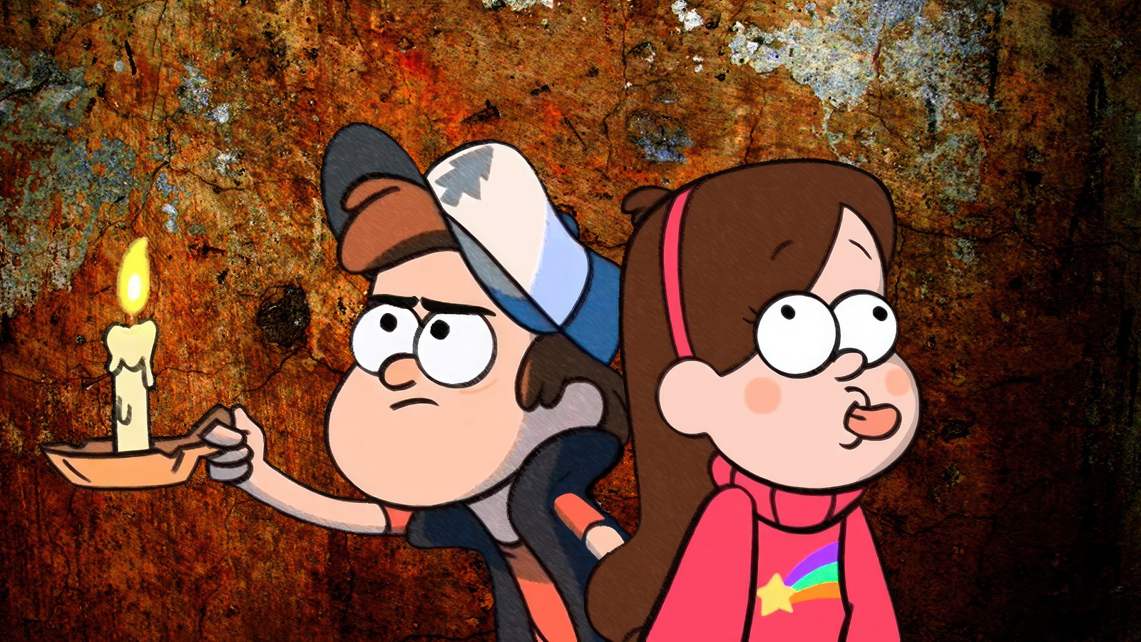 Una imagen de dibujos animados de una niña sosteniendo una vela encendida y un niño (gravity falls, series de televisión, caricatura, dipper pines, mabel pines)