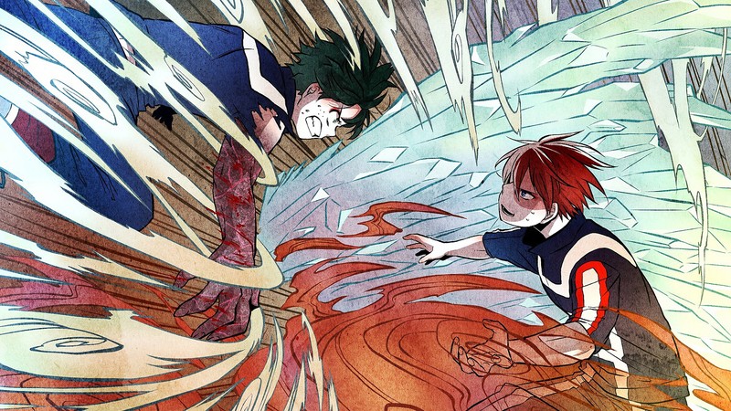 Аниме персонажи в бою с гигантским огненным шаром (изуку мидория, izuku midoriya, deku, shoto todoroki, боку но хиро академия)