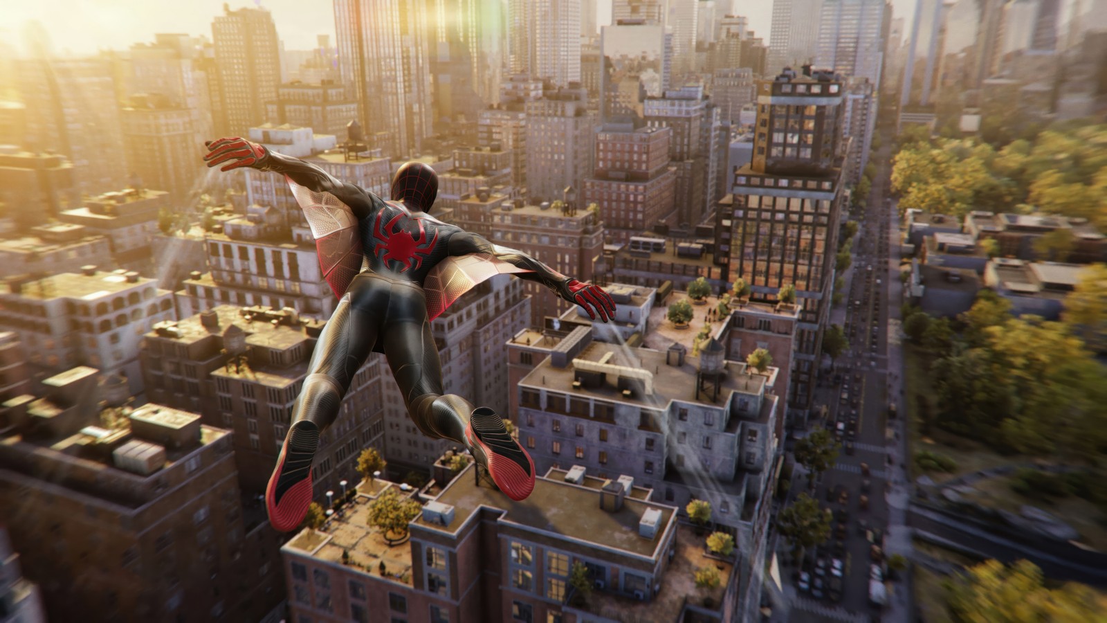 Spider-man vole au-dessus d'une ville en plein jour (marvel spider man 2, marvels spider man 2, jeu vidéo, spiderman, miles morales)