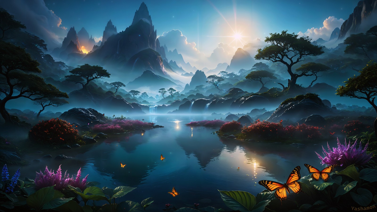 A painting of a mountain landscape with a river and butterflies (foggy, scenery, waterfalls, dreamy, lake)