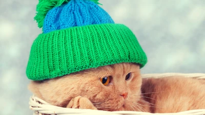 gatinho, verde, gorro de lã, gorro, cobertura de cabeça