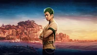 Mackenyu als Roronoa Zoro vor einer atemberaubenden 4K Kulisse einer Küstenstadt aus der Netflix-Serie "One Piece" von 2023.