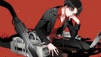 Levi Ackerman em uma pose contemplativa, cercado por equipamento ODM contra um fundo vermelho marcante.