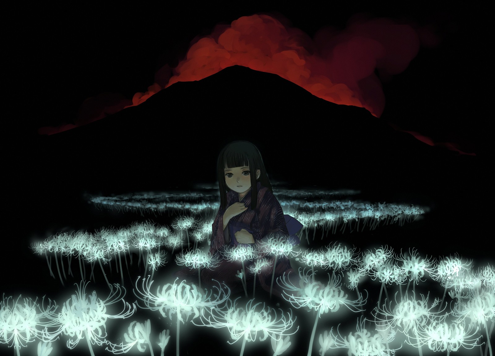 Anime-mädchen, das auf einem feld mit weißen blumen sitzt, mit einem berg im hintergrund (dunkelheit, licht, nacht, anime, mitternacht)