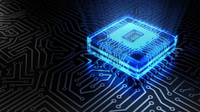 Chipset azul futurista em placa de circuito