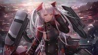 Prinz Eugen d'Azur Lane dans une pose dynamique, mettant en valeur ses canons doubles contre un fond de coucher de soleil dramatique.