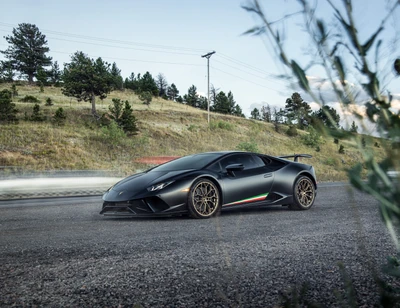 Lamborghini Huracan Performante em uma estrada de cascalho cênica com um fundo dinâmico.