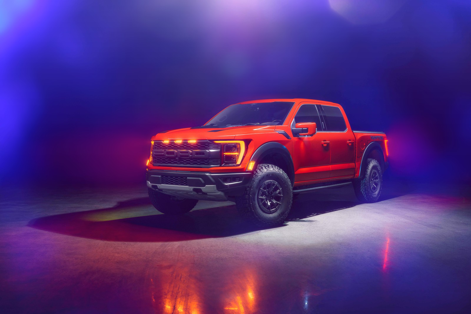 ford f 150 raptor, pickup truck, 5k, 8k, neon background wallpaper