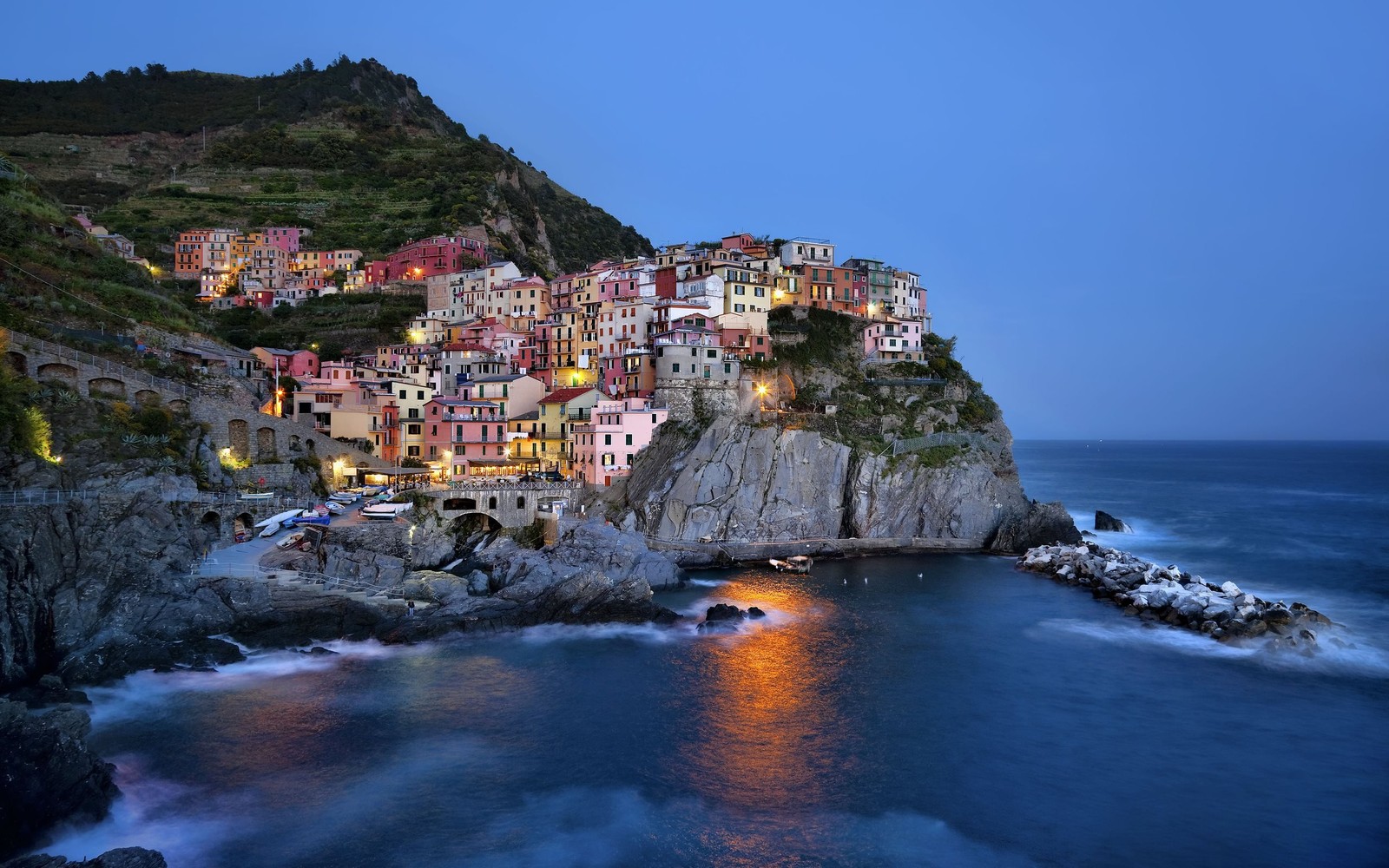 A view of a town on the coast at night (coast, sea, promontory, cliff, sky)