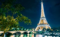 Eiffel Tower Illuminated Against a Starry Night Sky in Paris