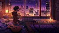 Garoto anime contemplativo em um quarto da cidade ao anoitecer