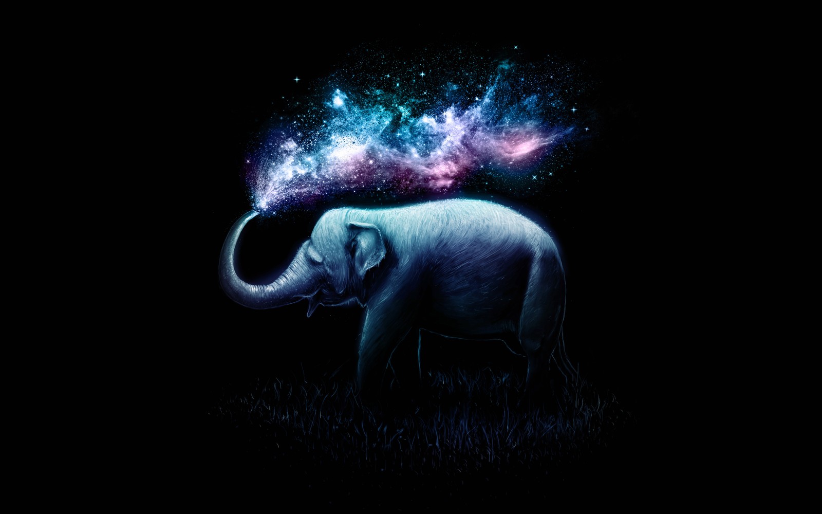 Un elefante con una galaxia en su trompa (elefante, colorido, surrealista, amoled, fondo negro)