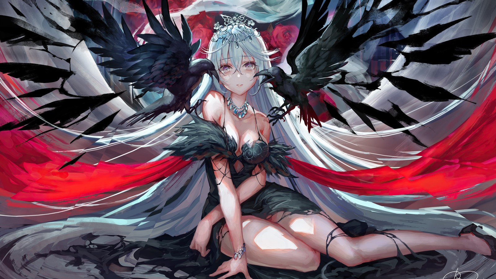 A woman with black wings sitting on a bed with a red and black dress (fantasy, anime, girls, crow)