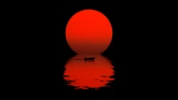 Silhouette d'un bateau contre un soleil rouge vibrant se reflétant sur l'eau sombre