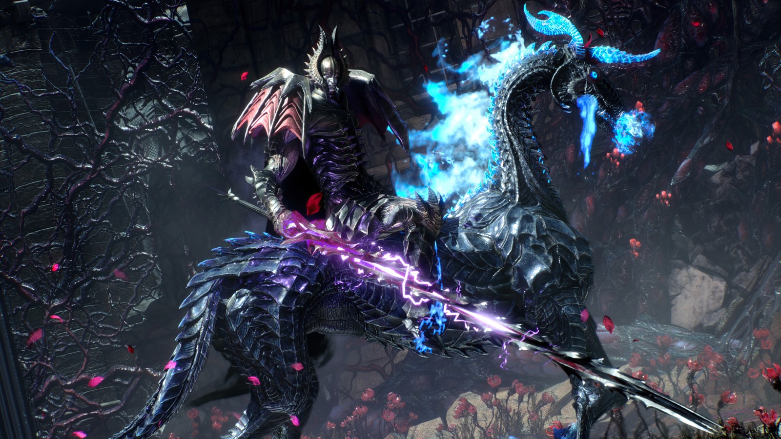 A close up of a person riding a horse with a sword (devil may cry 5, video game, elder geryon knight)