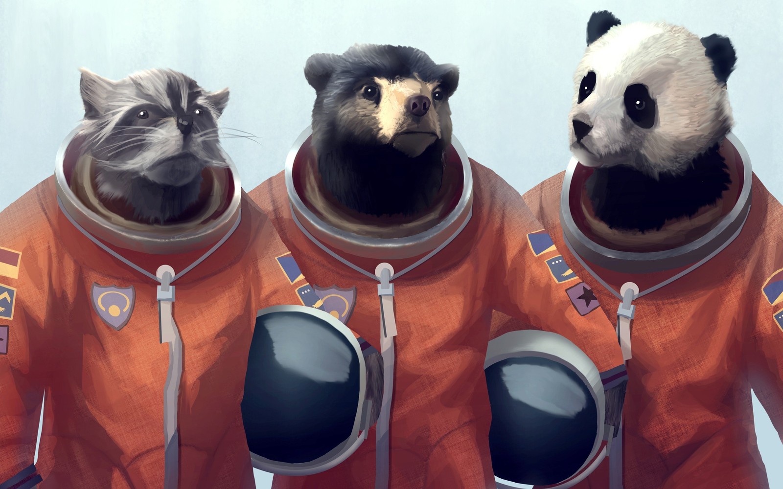 Trois chats en combinaisons spatiales avec des têtes de panda (museau, chat)