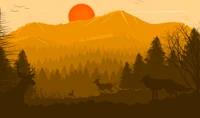 Golden Sunrise Over Mountain Wilderness with Silhouetted Wildlife