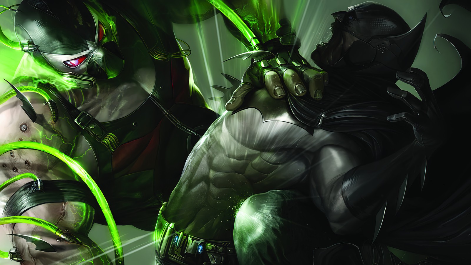 Batman and green lanterner in a dark room with green light (bane, supervillain, super villain, backbreaker, batman)