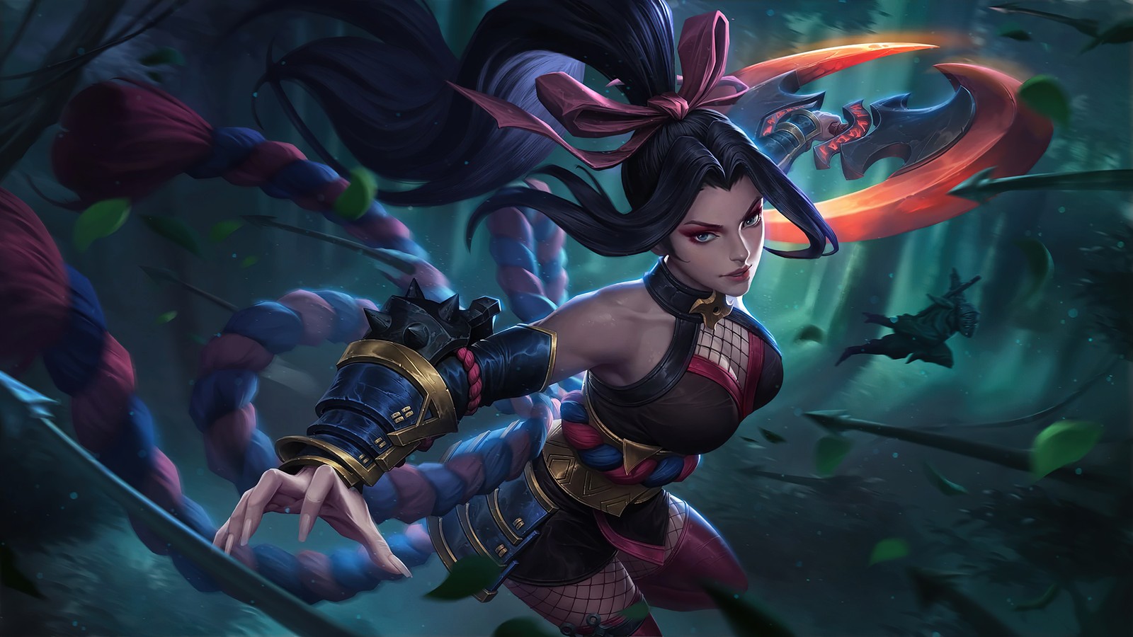 Une femme en tenue noire tenant une épée dans une forêt (hanabi, mobile legends, bang bang, ml, mlbb)