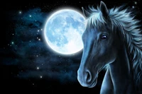 Caballo majestuoso bajo una luna llena: Un mural nocturno celestial