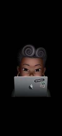 Personagem estilizado envolvido com Apple MacBook na WWDC 2020