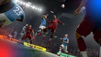 Acción intensa de fútbol en FIFA 21: Duelo aéreo entre rivales