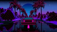 Paisaje de neón synthwave con coche retro y palmeras