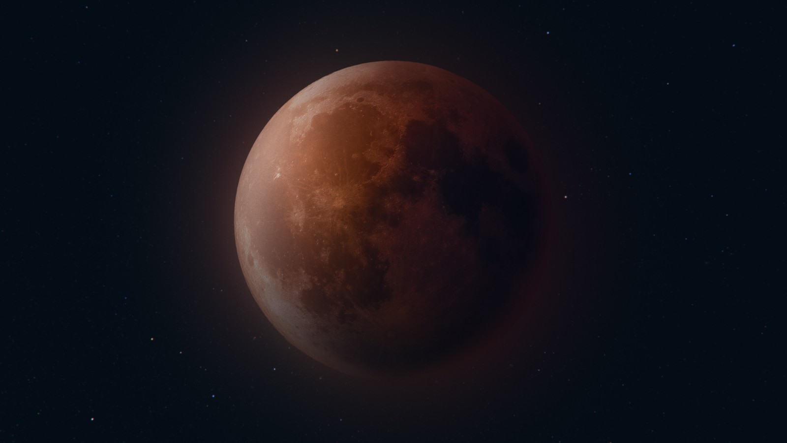 A red moon is seen in the sky with stars in the background (blood moon, 5k, lunar eclipse, dark background, space)