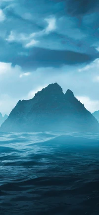 Misty Highland Mountain Rising from Azure Waters