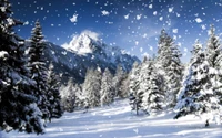 Winter Wonderland: Snowflakes Gently Fall Over a Majestic Mountain Landscape with Pine Trees