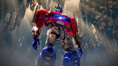 Optimus Prime in einer futuristischen Stadtlandschaft aus Transformers: Eins