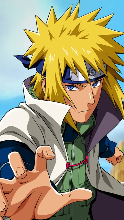 Minato Namikaze, the Yellow Flash of Konoha, extends a hand with determination.